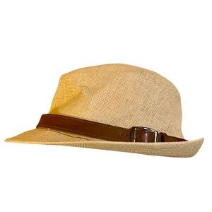 Tan straw Simplicity Fedora with Brown Leather Band l/xl